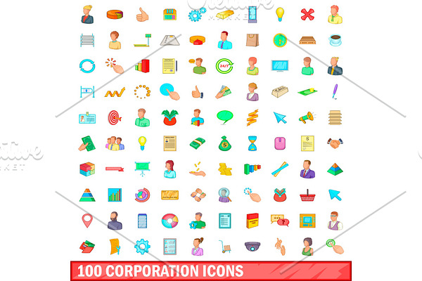 100 corporation icons set, cartoon