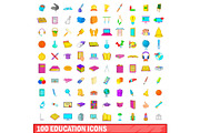 100 education icons set, cartoon