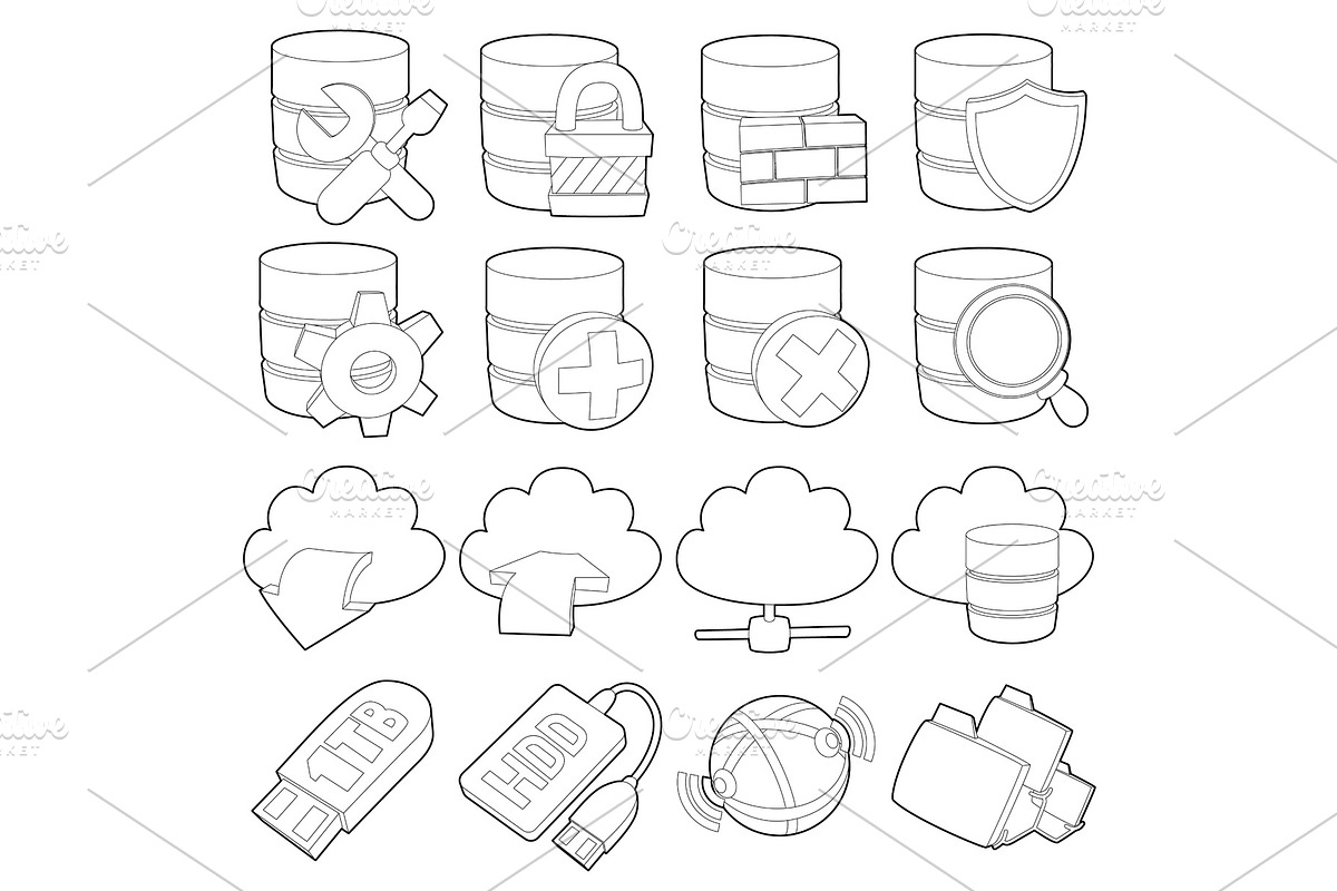 Database symbols icons set, outline in Illustrations - product preview 8