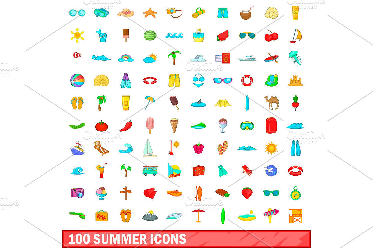 100 summer icons set, cartoon style in Illustrations - product preview 8