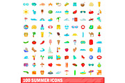 100 summer icons set, cartoon style