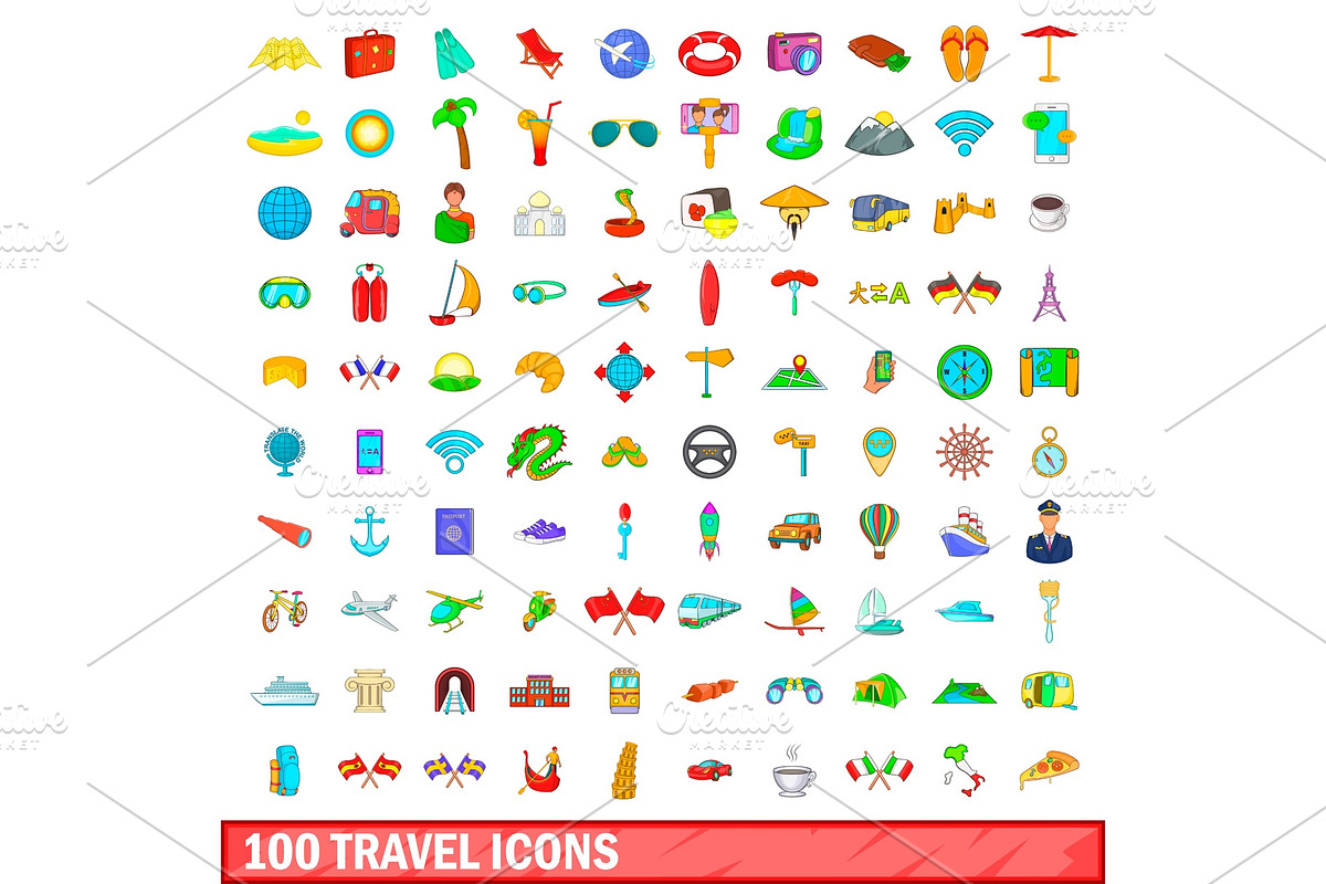 100 travel icons set, cartoon style in Illustrations - product preview 8