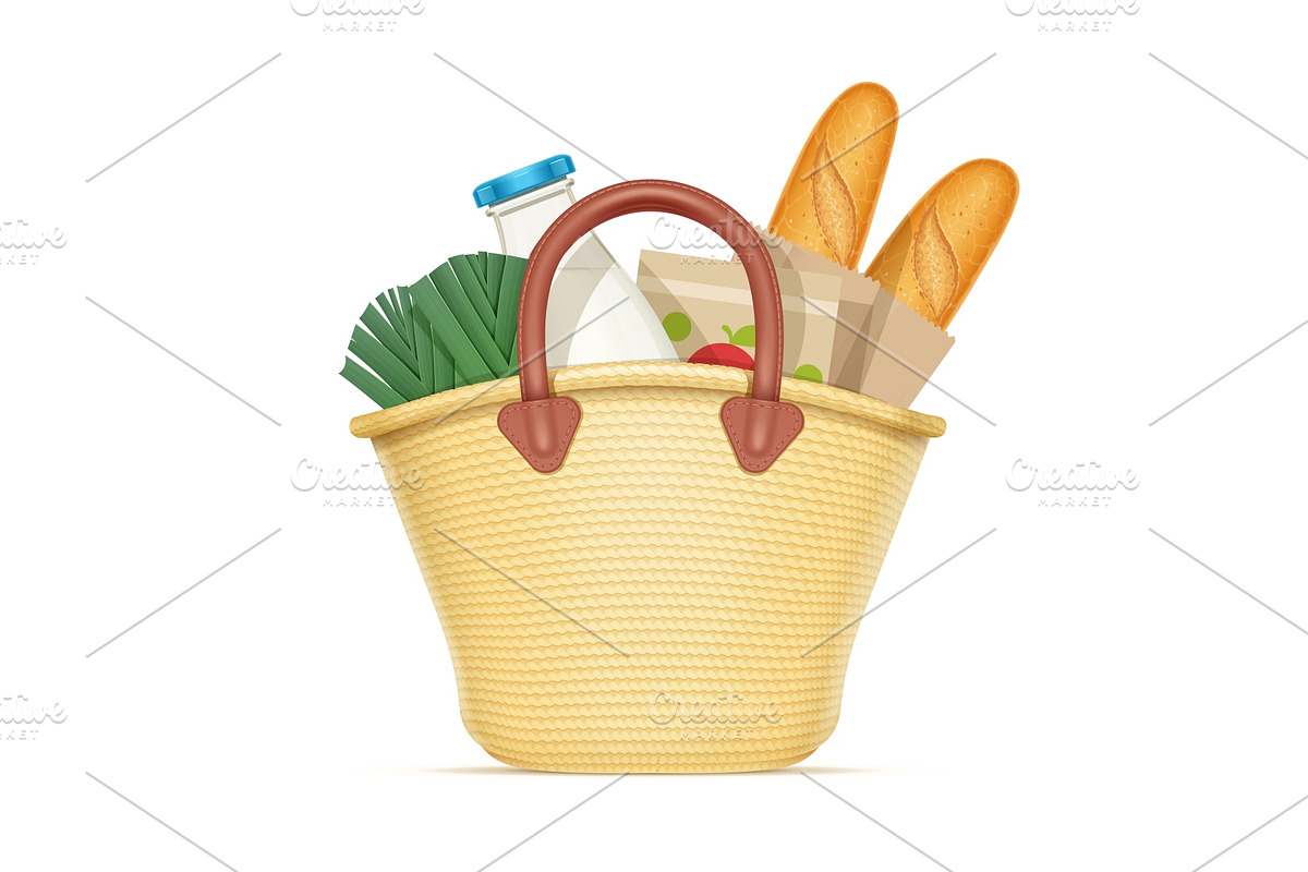 Straw shopping bag with food. in Illustrations - product preview 8