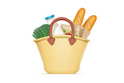 Straw shopping bag with food.
