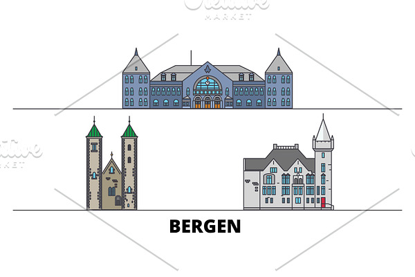 Norway, Bergen flat landmarks vector