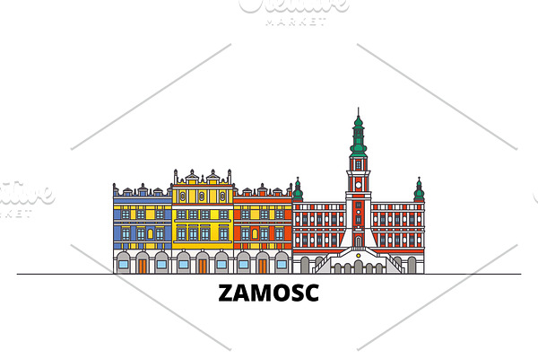 Poland, Zamosc flat landmarks vector
