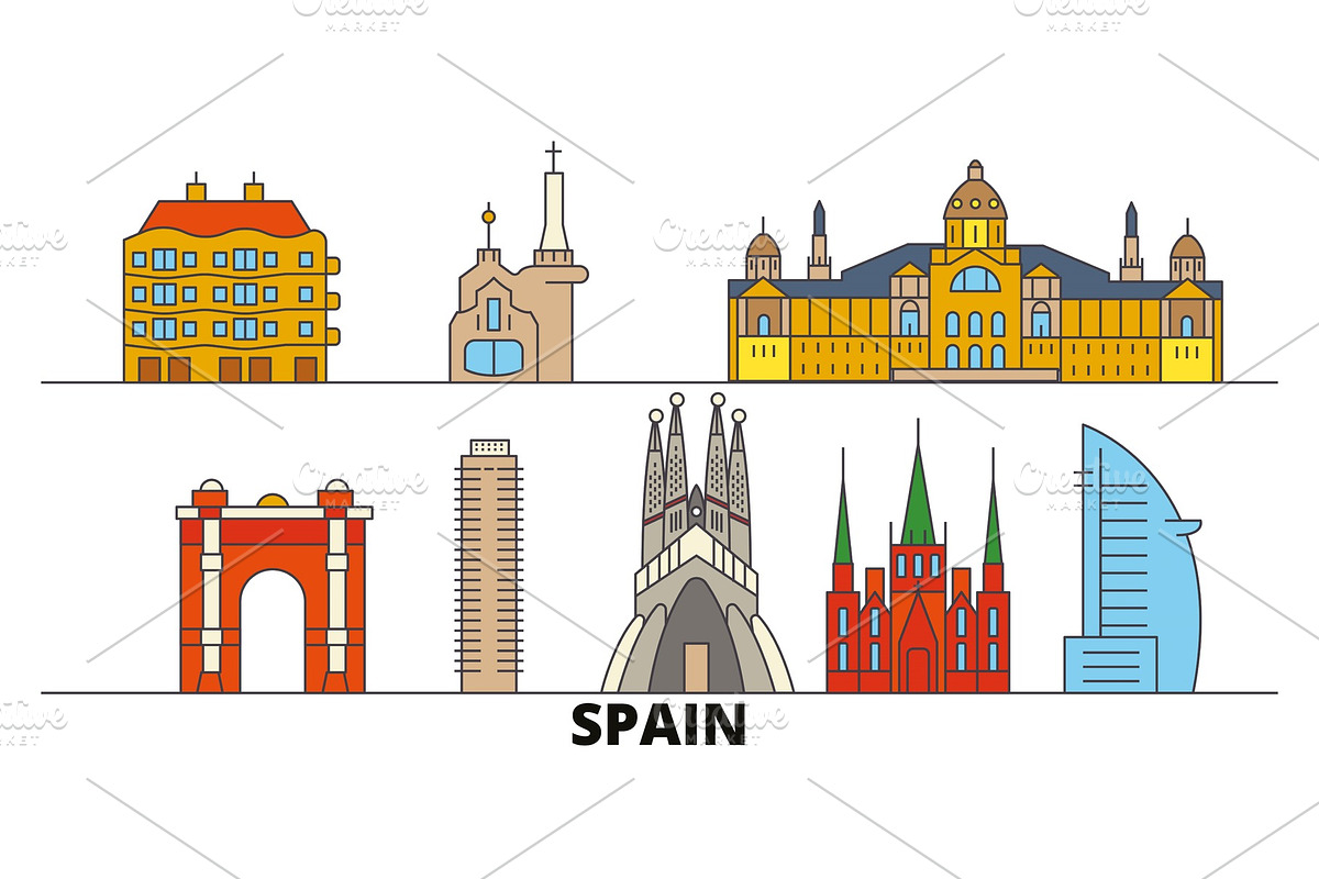 Spain, Barcelona flat landmarks in Illustrations - product preview 8