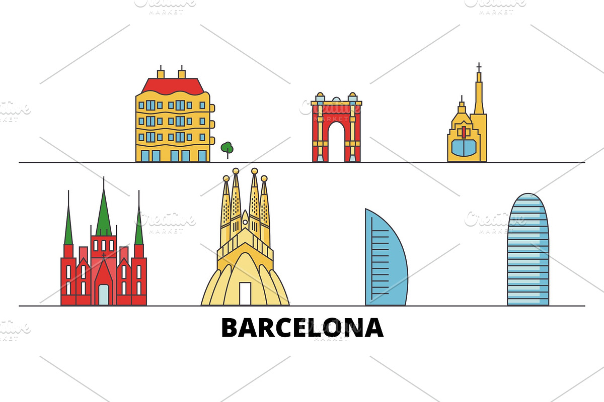 Spain, Barcelona City flat landmarks in Illustrations - product preview 8