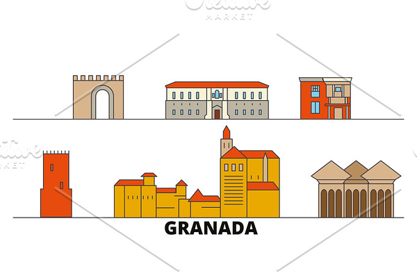 Spain, Granada flat landmarks vector