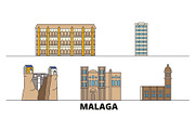 Spain, Malaga flat landmarks vector