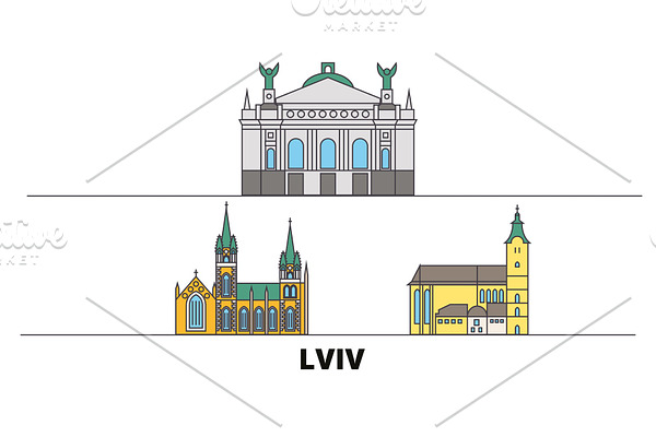 Ukraine, Lviv flat landmarks vector