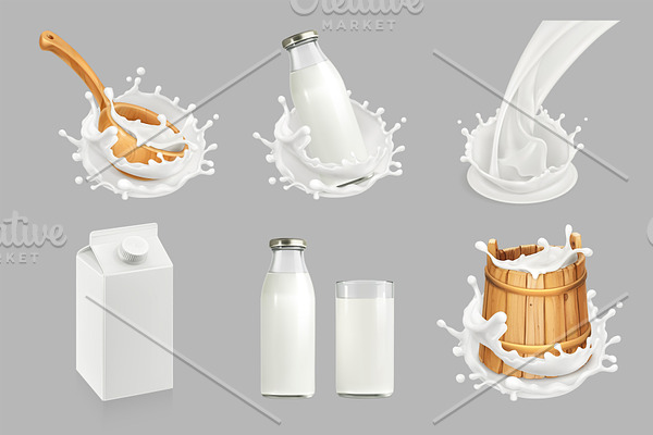 Milk and yogurt splashes vector sets