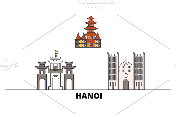 Vietnam, Hanoi flat landmarks vector