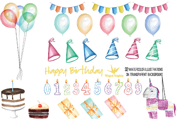 Birthday 32 watercolor illustrations in Illustrations - product preview 1