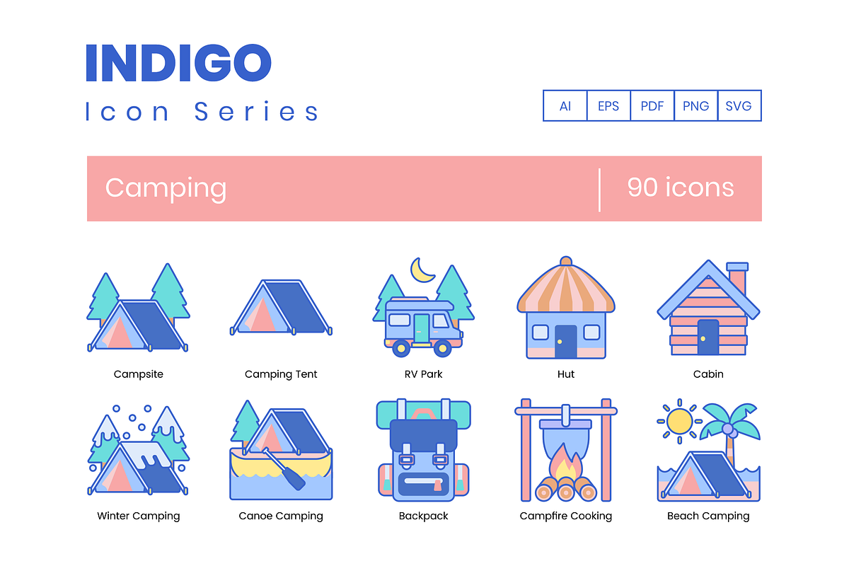 90 Camping Icons | Indigo Series in Beach Icons - product preview 8