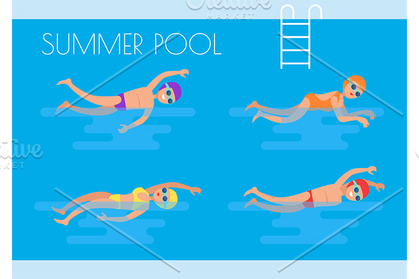 Summer Pool Swimmers Poster Vector