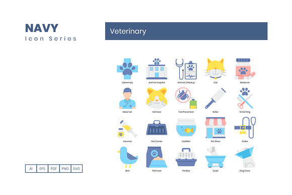 60 Veterinary Icons | Navy Series in Cat Icons - product preview 1