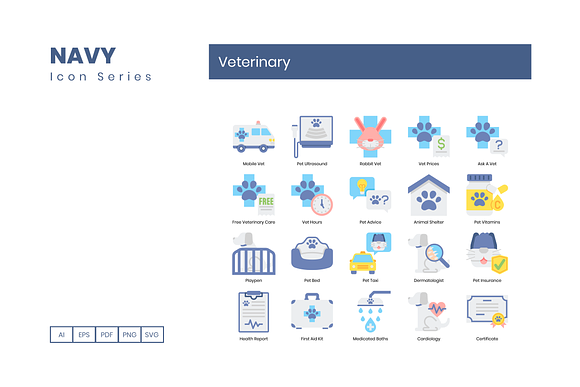 60 Veterinary Icons | Navy Series in Cat Icons - product preview 3