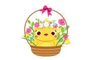 Cute chicken sit in flower basket