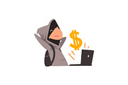 Hacker in Black Mask Stealing Money