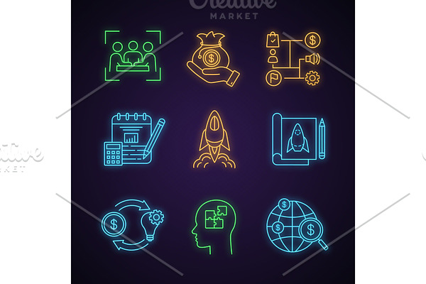 Startup neon light icons set