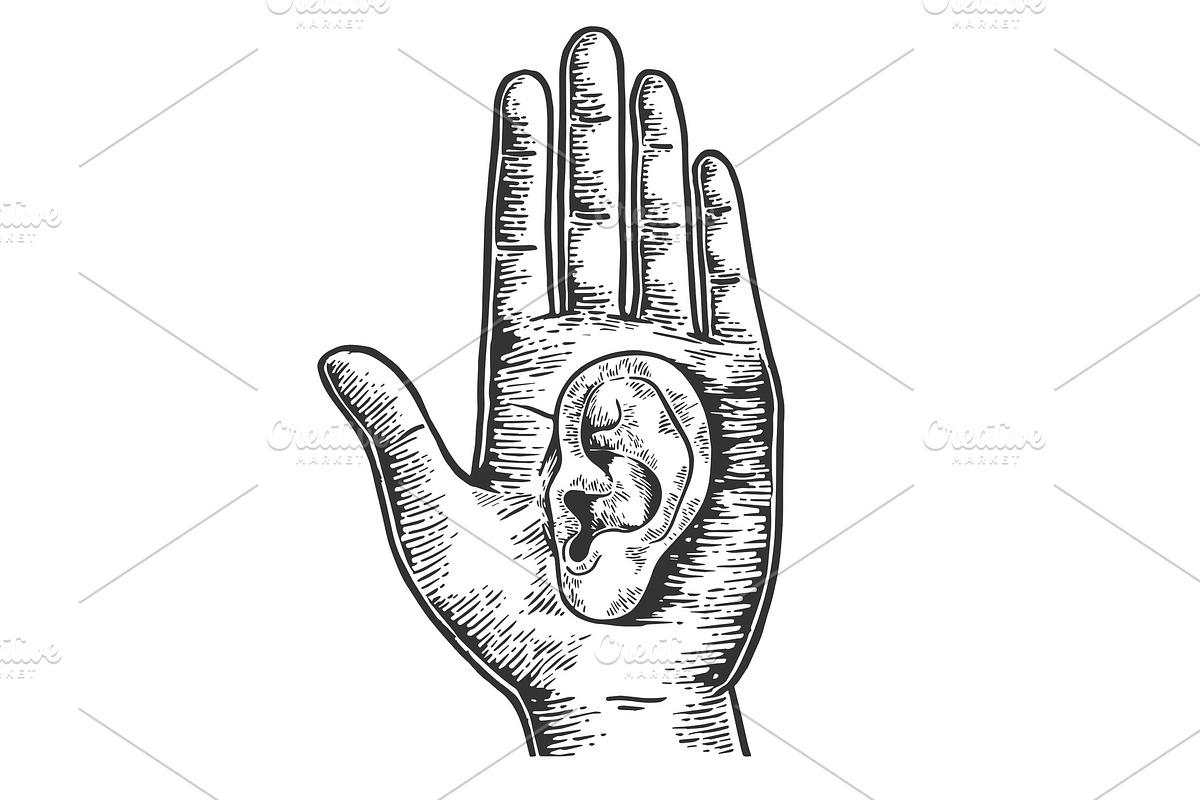 Ear on human palm sketch engraving in Illustrations - product preview 8