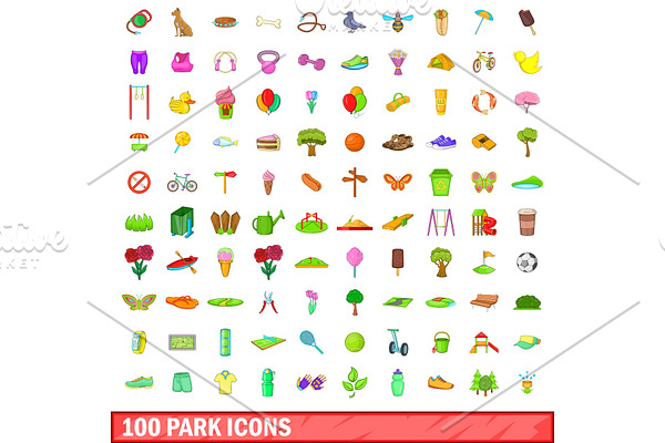 100 park icons set, cartoon style