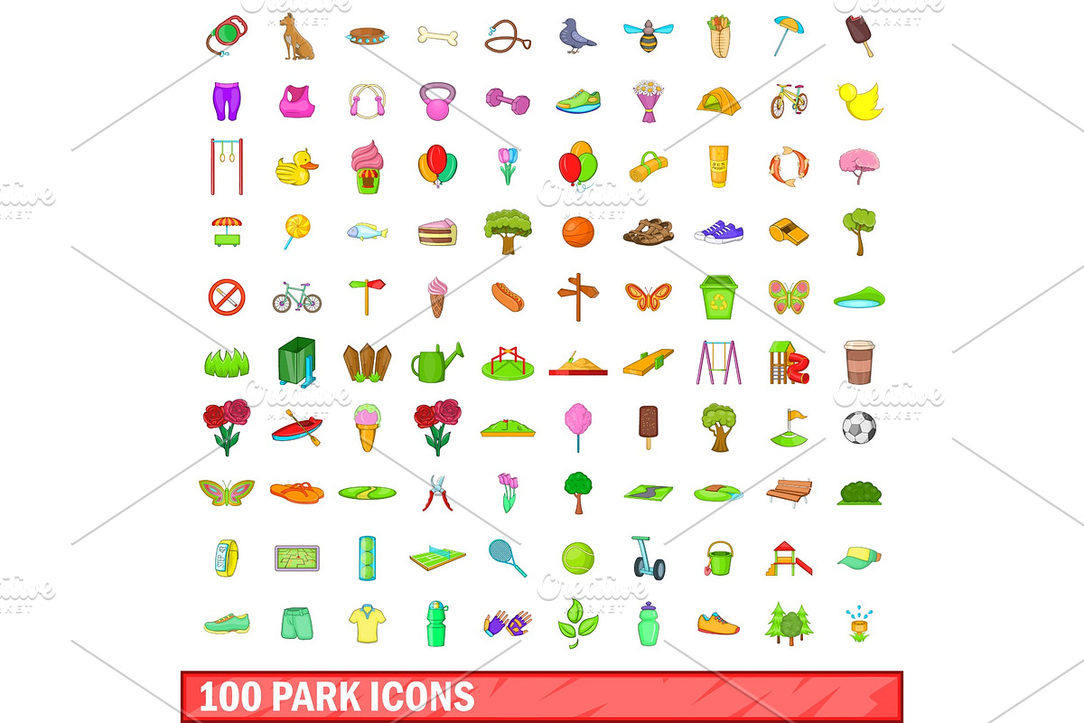 100 park icons set, cartoon style in Illustrations - product preview 8