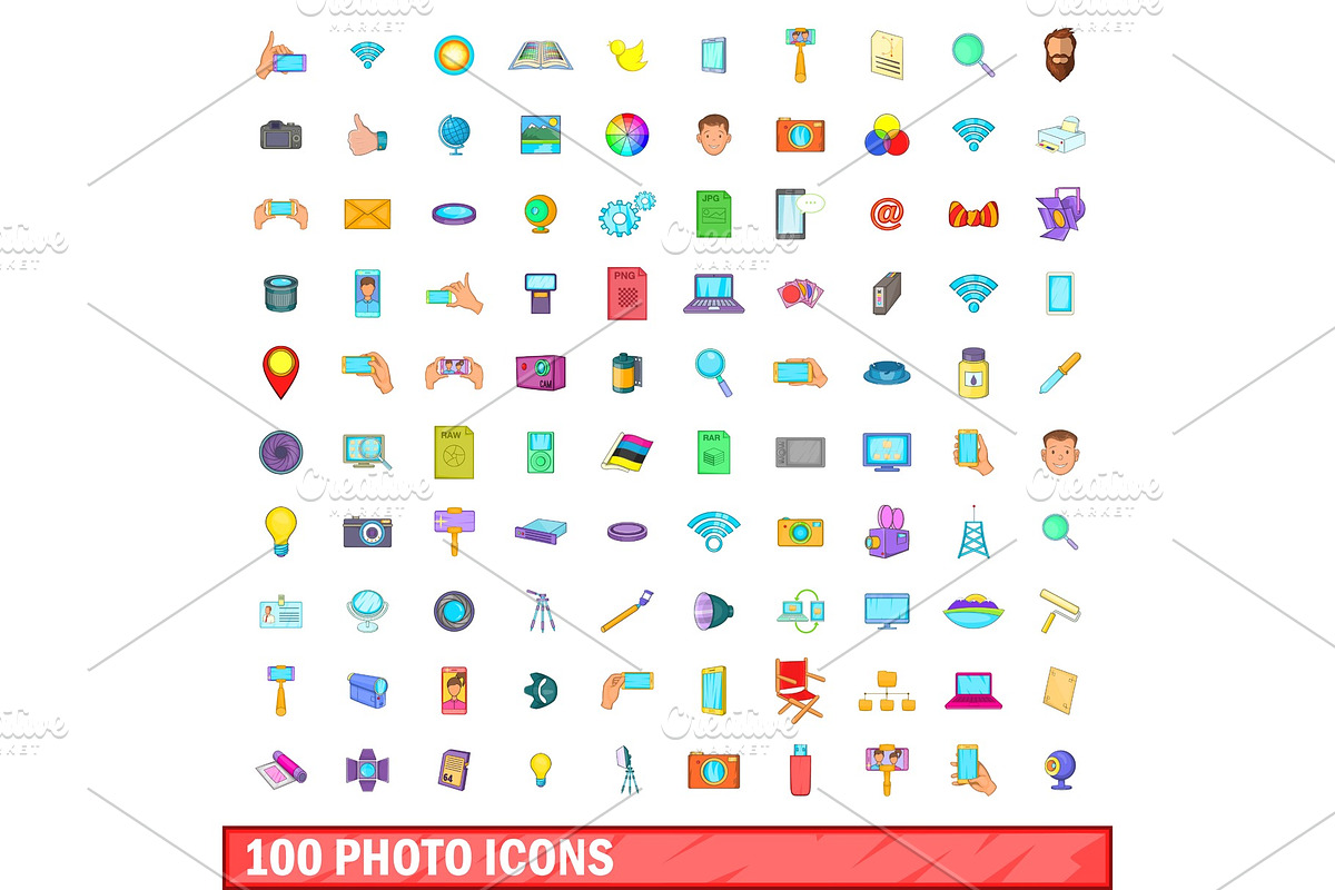 100 photo icons set, cartoon style in Objects - product preview 8