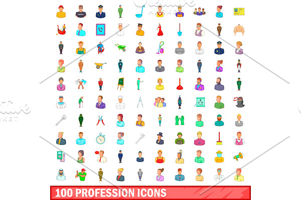 100 profession icons set, cartoon