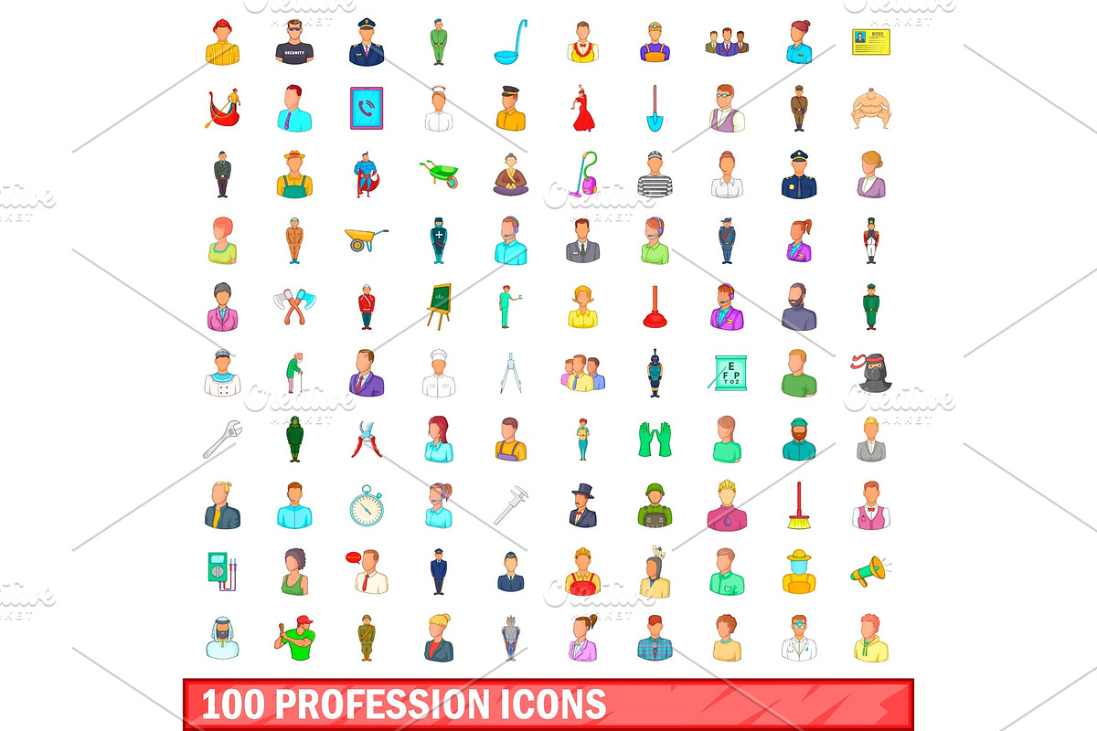 100 profession icons set, cartoon in Illustrations - product preview 8