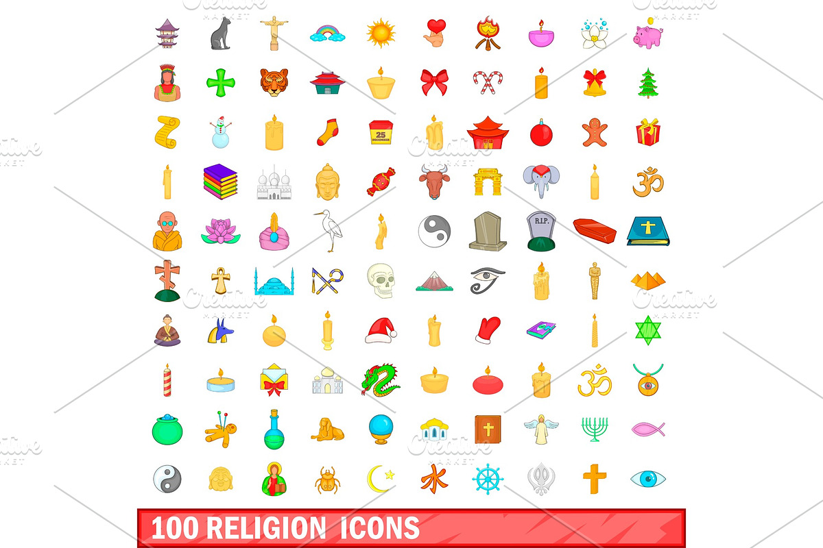 100 religion icons set, cartoon in Illustrations - product preview 8