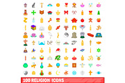 100 religion icons set, cartoon