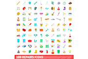 100 repairs icons set, cartoon style
