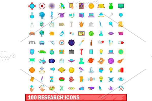 100 research icons set, cartoon