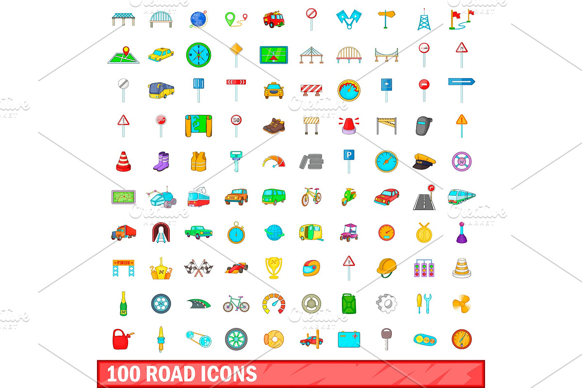 100 road icons set, cartoon style in Illustrations - product preview 8