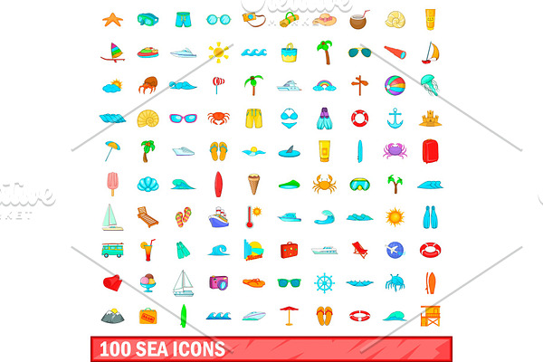 100 sea icons set, cartoon style