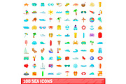 100 sea icons set, cartoon style