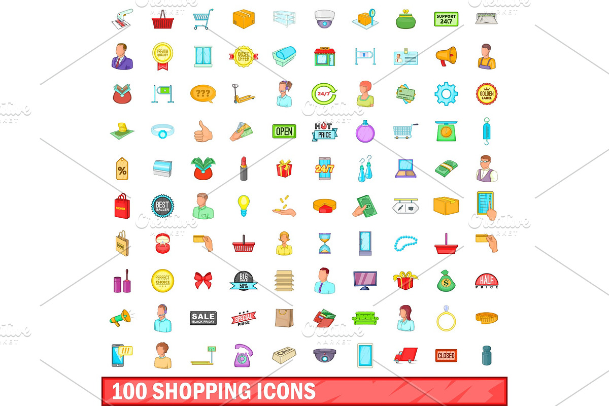 100 shopping icons set, cartoon in Objects - product preview 8