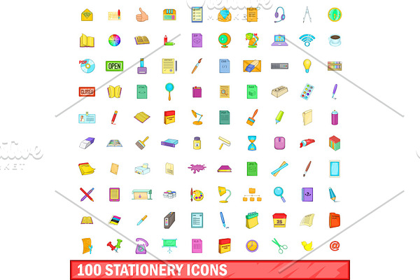 100 stationery icons set, cartoon