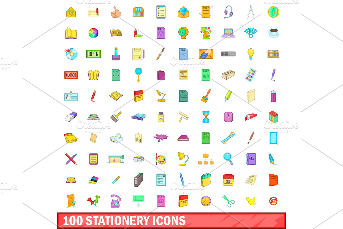 100 stationery icons set, cartoon in Objects - product preview 8