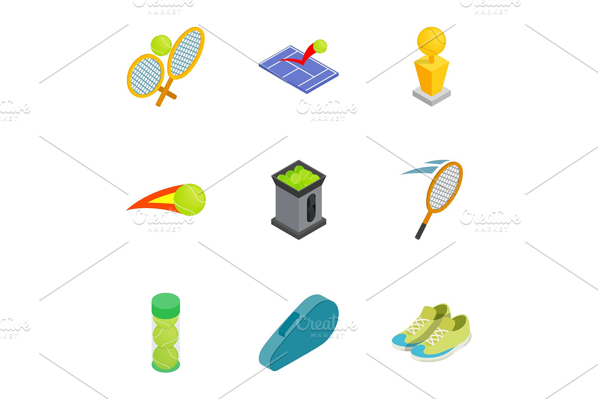 Tennis attributes icons set in Illustrations - product preview 8