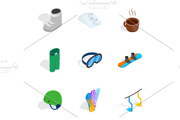 Snowboarding elements icons set