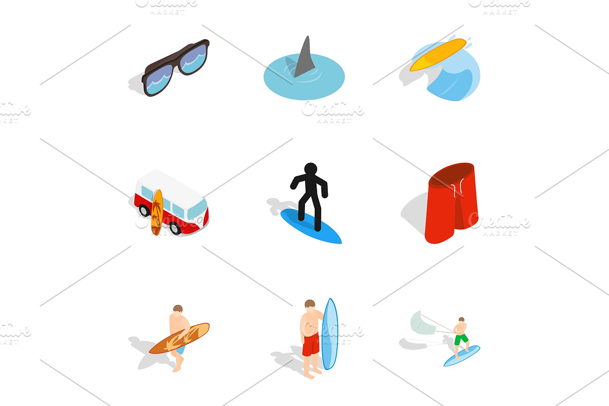 Surf symbols icons set, isometric 3d in Illustrations - product preview 8