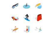Surf symbols icons set, isometric 3d