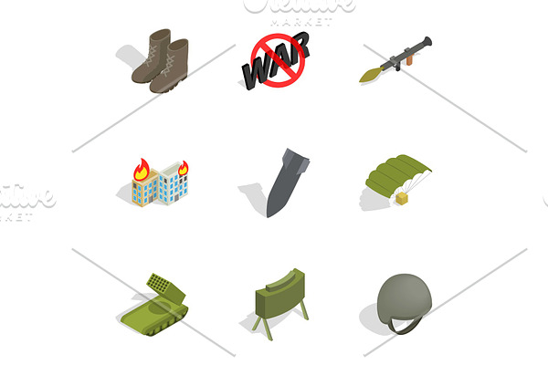 Military icons set, isometric 3d