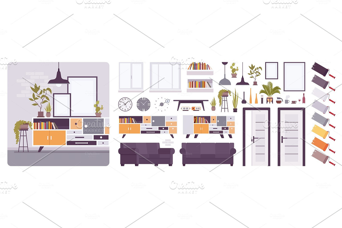 Living room interior creation set in Illustrations - product preview 8