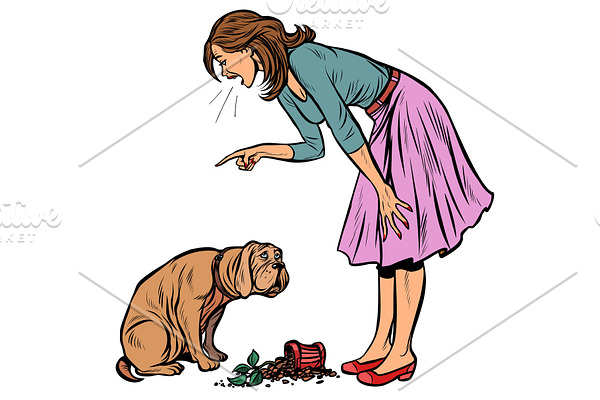 Woman scolds guilty dog. Broken pot