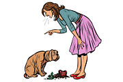 Woman scolds guilty dog. Broken pot