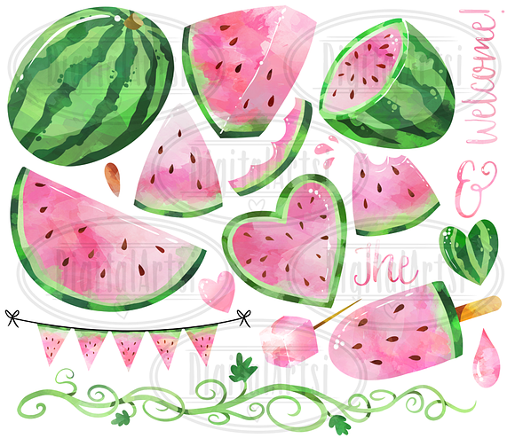 Watercolor Pink Watermelons Clipart in Illustrations - product preview 1